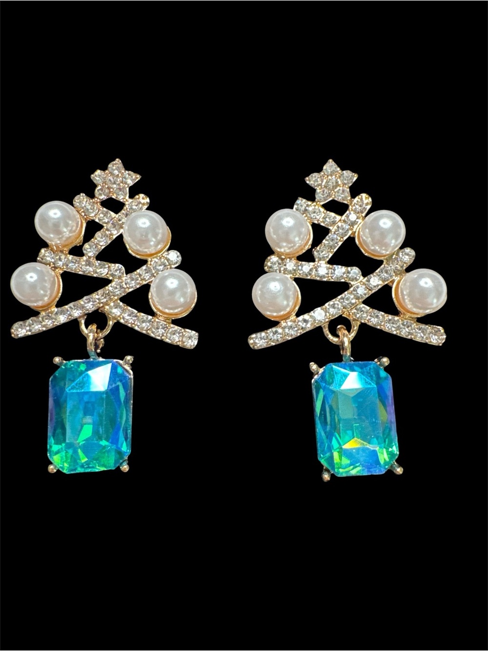 Gold Pearl & Blue Crystal Drop Earrings - Elegant Holiday-Inspired Jewelry